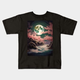 Moon Cherry Blossom Waves Japanese Landscape Vintage Art Kids T-Shirt